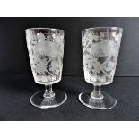 Pair Antique Art Nouveau Engraved Crystal Wine Glasses