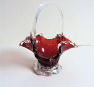 Vintage Murano Venetian Ruby Red & Gold Aventurine Art Glass Basket