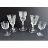 Five Antique Etched Crystal Glasses
