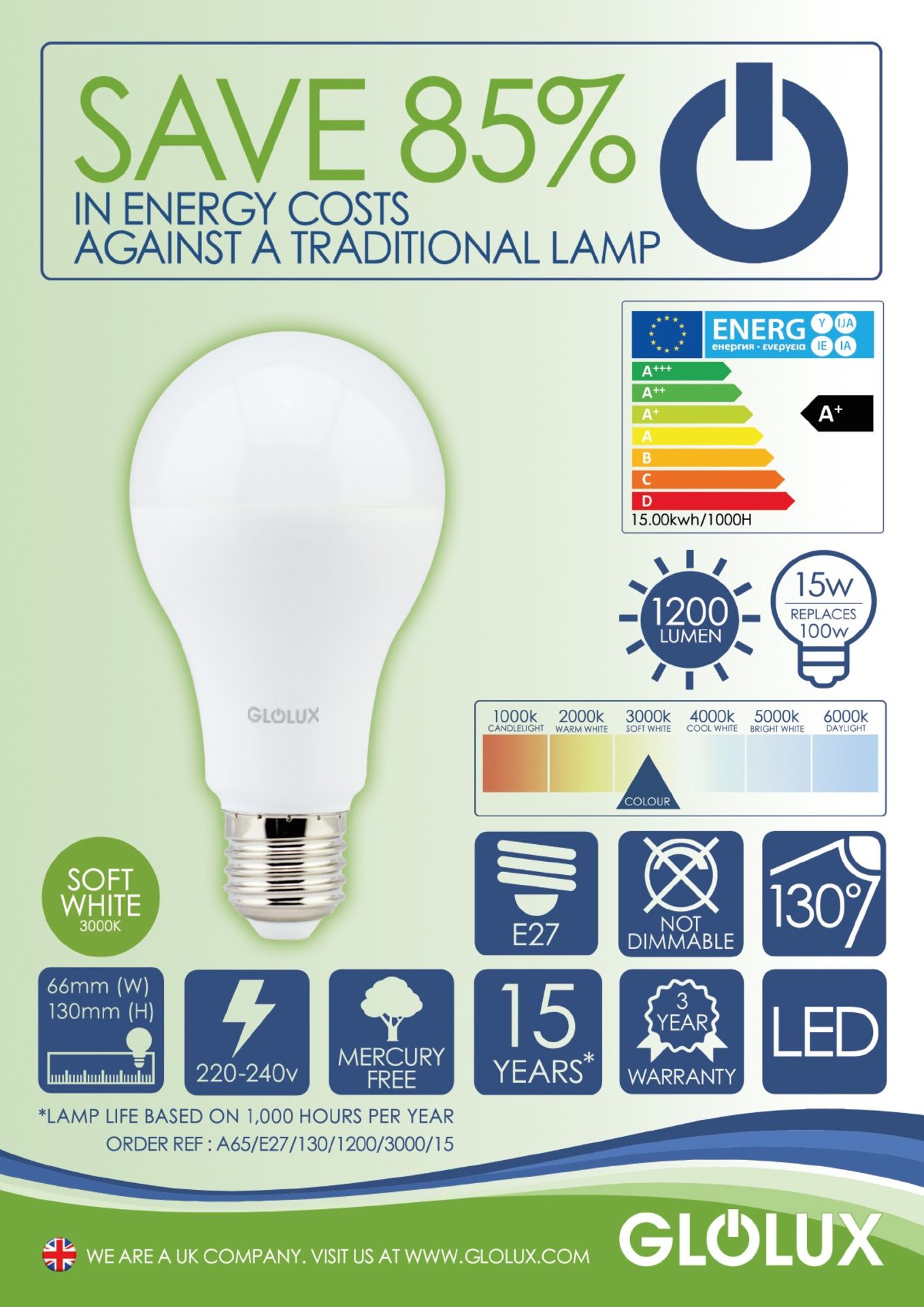 Glolux A65 B22 LED Bulb Pack of 12 RRP £59.99 - No Reserve - Image 2 of 2