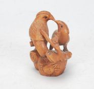 C1900 netsuke in boxwood depicting two lovebirds with glass eyes