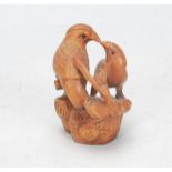 C1900 netsuke in boxwood depicting two lovebirds with glass eyes