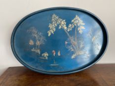 Blue lacquered chinoiserie tray
