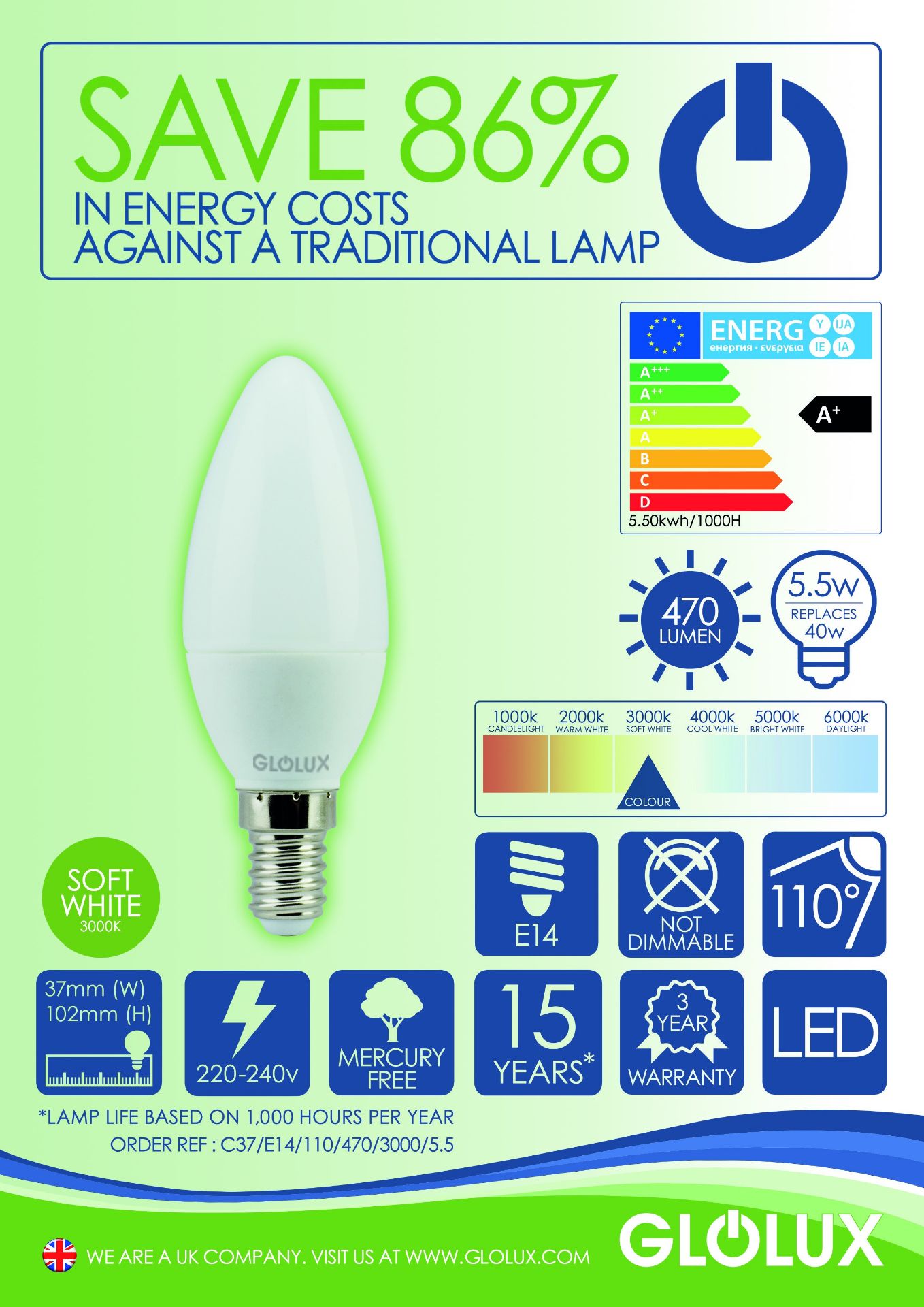 Glolux C37 E14 LED Bulbs Pack of 12 RRP £29.99 - No Reserve - Image 2 of 2