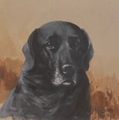 Original watercolour painting Black Labrador Dog portrait by British artist Ruben Ward Binks