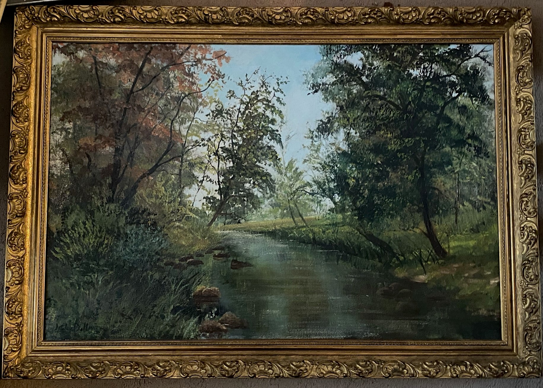 Large oil painting depicting a riverside Signed with an Indistinct signature - Image 2 of 3