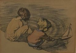 Coloured pencil drawing of two children attrib to J H Dowd