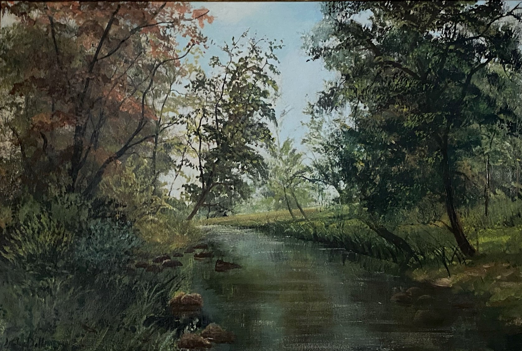 Large oil painting depicting a riverside Signed with an Indistinct signature