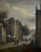 E Vernon signed oil painting Depicting a street scene