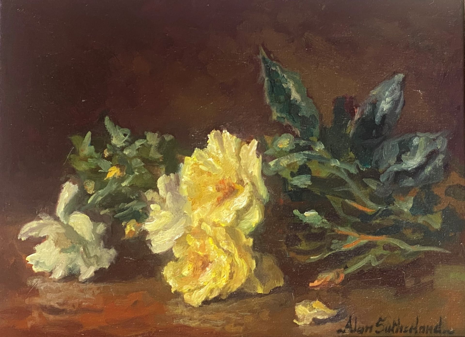 Alan Gordon Dunnett Sutherland bn 1931 Original signed oil painting "dog Roses"