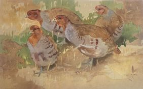Large Signed watercolour by Scottish artist Ralston Gudgeon RSW depicting a covey of Partridge