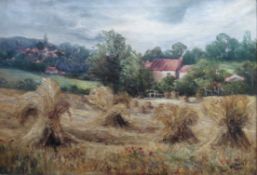 Hay stooks - Original Oil painting by British Artist Olive Watson