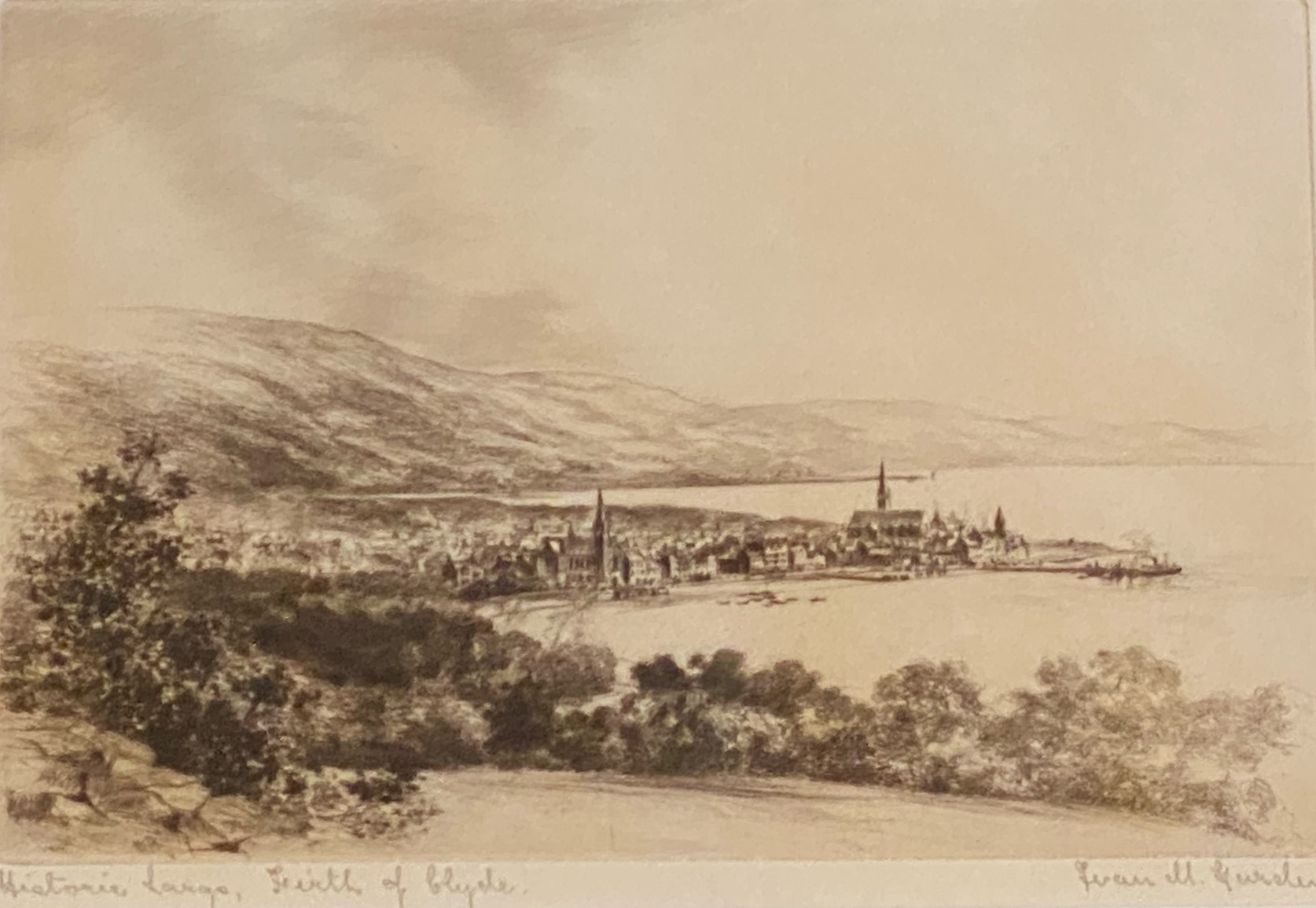 Ivan M Garden signed etching Historic Largs Firth of Clyde