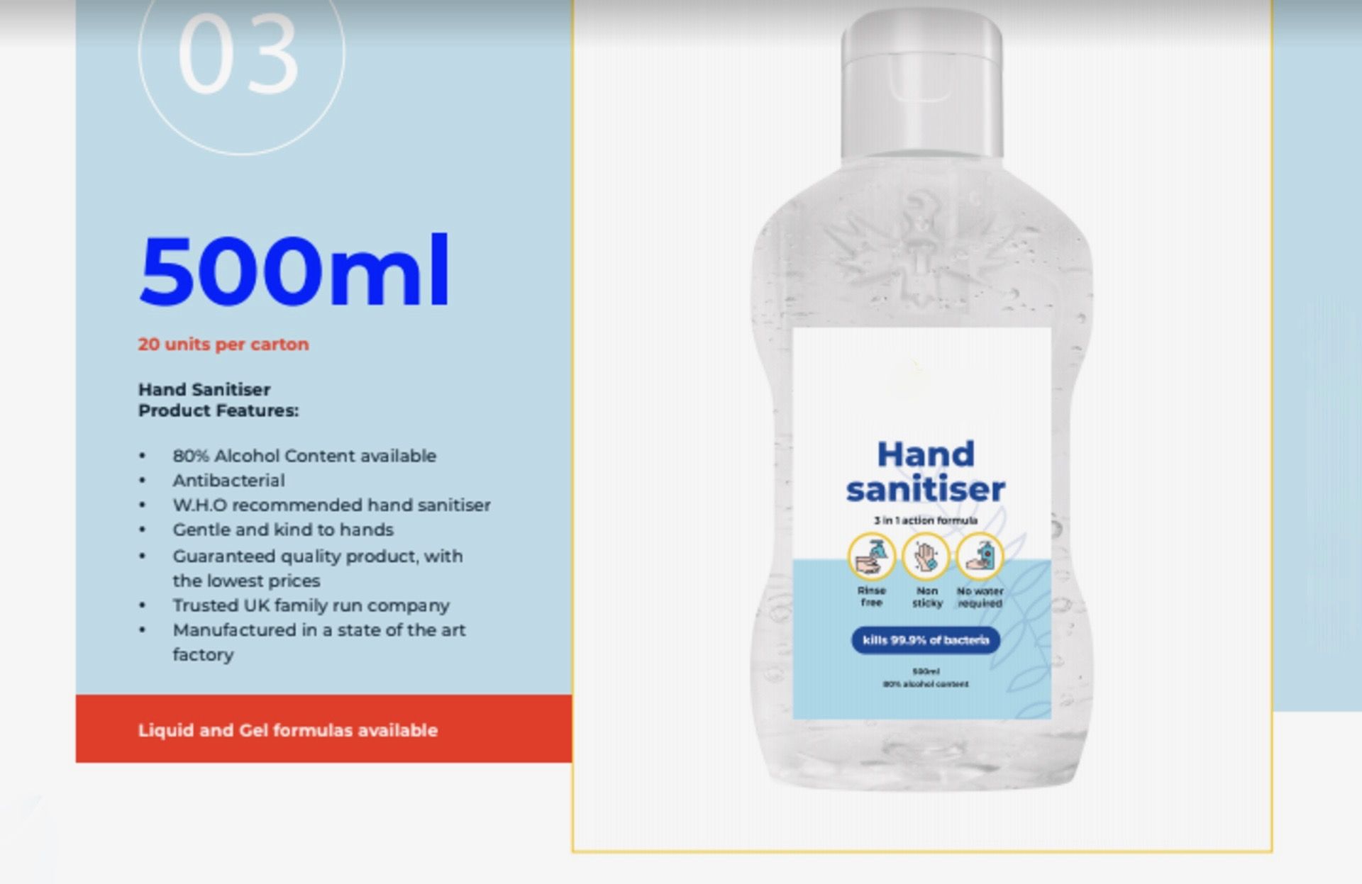 Alcohol-based hand sanitiser (80% Alcohol) Liquid Form 500x 500ml bottles