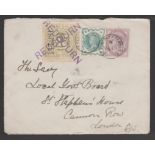G.B. - Railways / T.P.Os 1901 Cover to London bearing 1/2d green + 1d lilac each cancelled by the un