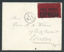 G.B. - Express 1896 Stampless express cover sent within London to the noted philatelist Baron de Wor