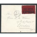 G.B. - Express 1896 Stampless express cover sent within London to the noted philatelist Baron de Wor