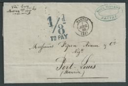 Mauritius 1868 Entire Letter from France to Mauritius with blue "1/8d / TO PAY" arrival handstamp.