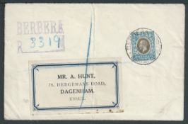 British Somaliland 1930 Cover registered from Berbera to England with violet "BERBERA/R" registratio