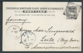 British East Africa 1895 1A postal stationery Post Card commercially used to Germany cancelled by "L