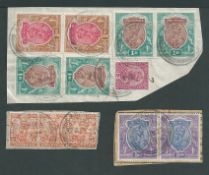 India Used in Abadan 1911-22 3a strip, 12a, 1r (2 pairs), 2r pair, 5r pair, all tied to portions of