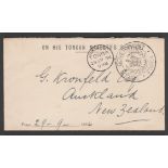 Tonga 1894 Stampless "ON HIS TONGAN MAJESTY'S SERVICE" cover to Auckland with circular "TONGA GOV...