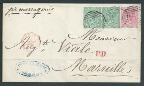 Mauritius 1875 Entire to France franked 1863 4d rose and 6d green pair each cancelled "B53". An att