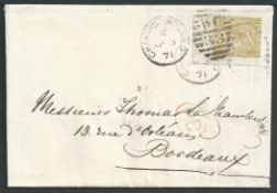 G.B. - Surface Printed 1871 Entire letter from London to France with 1867 9d straw KI wing-margined