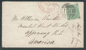 G.B. - Surface Printed 1866 Cover (small tear at top) from Burnley to Apponang, Rhode Island with 18