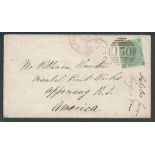 G.B. - Surface Printed 1866 Cover (small tear at top) from Burnley to Apponang, Rhode Island with 18