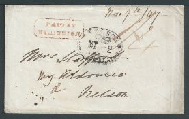 New Zealand 1847 Cover from Wellington to Nelson prepaid 1/4 with red boxed "PAID AT / WELLINGTON" a