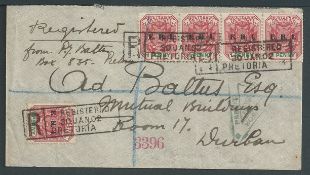 Transvaal 1902 Registered cover from Pretoria to Durban with 5 x ERI opts and a label on the reverse