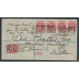 Transvaal 1902 Registered cover from Pretoria to Durban with 5 x ERI opts and a label on the reverse