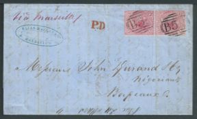 Mauritius 1862 Entire letter (minor faults) to Bordeaux franked 1860-63 4d rose pair each cancelled