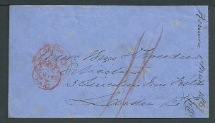 St. Kitts 1867 Stampless cover to London prepaid 1/- in crash with red "ST KITTS/PAID" c.d.s. and a