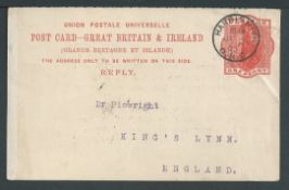 Orange River Colony 1902 G.B. 1d reply card (repaired corner) to Dr Plowright in Kings Lynn cancelle