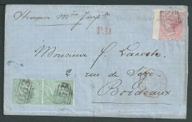 Mauritius 1869 Entire from Mauritius to Bordeaux franked by 1863 4d rose and 6d green vertical pair,