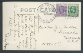 Fiji / New Zealand 1928 Picture postcard of Fiji to the USA bearing KGV 1/2d and 1d cancelled boxed