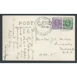 Fiji / New Zealand 1928 Picture postcard of Fiji to the USA bearing KGV 1/2d and 1d cancelled boxed