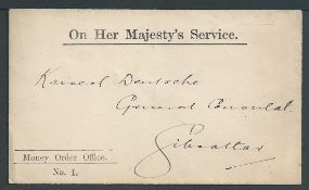 Gibraltar 1898 Stampless O.H.M.S. Money Order Office envelope sent within Gibraltar, the reverse wit