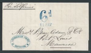 Mauritius 1871 Entire Letter from Cocanada, India, to Mauritius "Per Soliferino" with superb blue "6