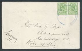 Orange Free State 1906 Cover to Germany franked 1/2d pair cancelled by the scarce large rubber dates