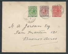 Falkland Islands 1914 King George V 1d red postal stationery Envelope used to Buenos Aires, addition