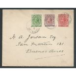 Falkland Islands 1914 King George V 1d red postal stationery Envelope used to Buenos Aires, addition