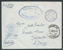 Egypt 1940 Stampless Cover sent Air Mail to England with Naval 'tombstone' censor cachet, blue oval