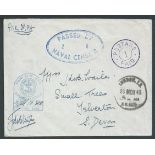 Egypt 1940 Stampless Cover sent Air Mail to England with Naval 'tombstone' censor cachet, blue oval