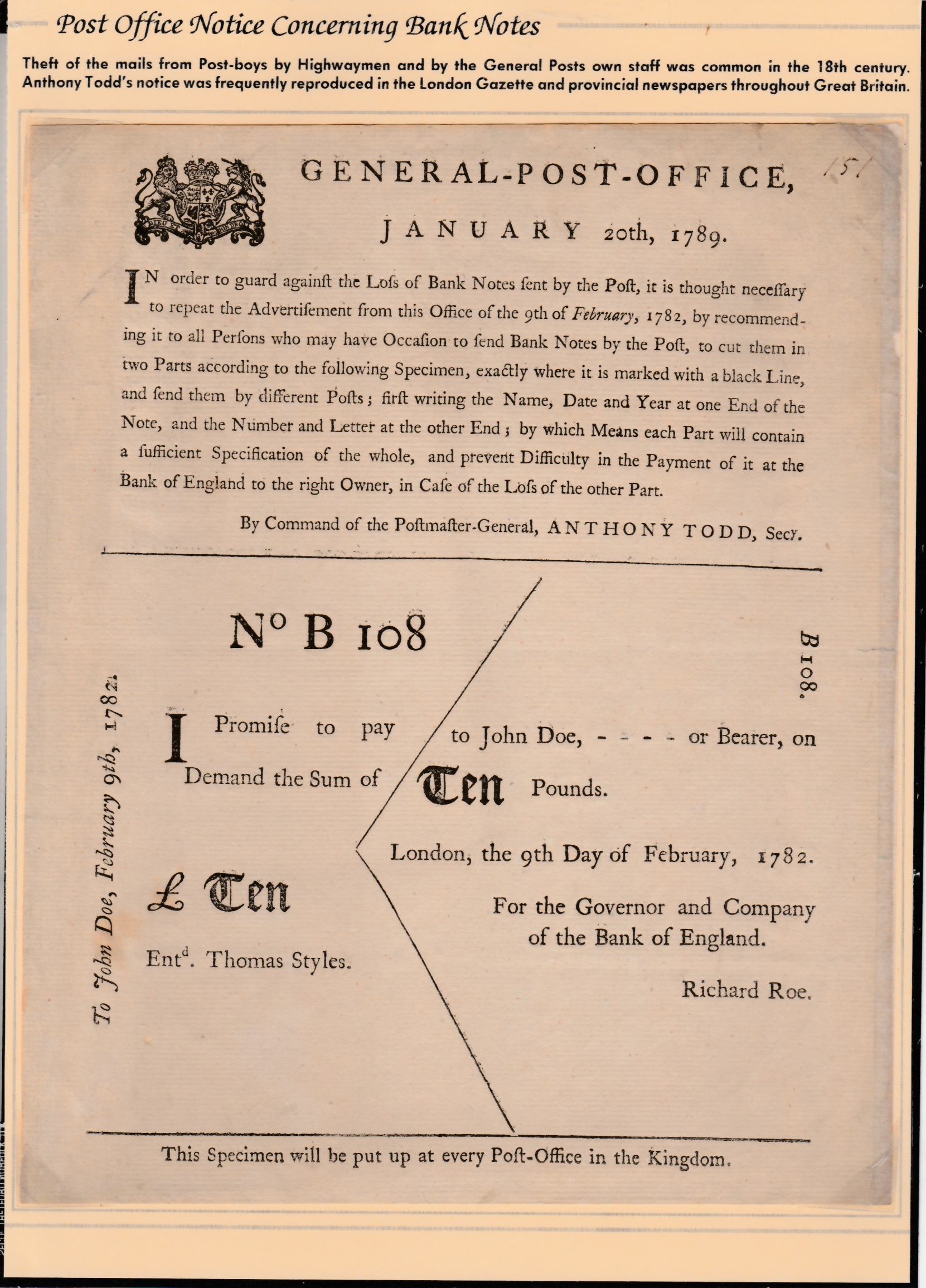 G.B. - Registered Mail / Post Office Notices 1789 Post Office Notice explaining and illustrating how