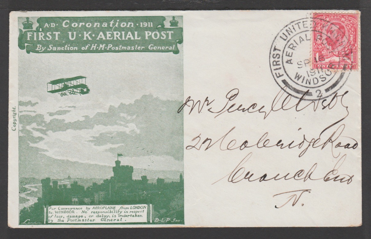 G.B - First U.K Aerial Post 1911 (Sep. 16) Green London to Windsor envelope franked KGV 1d, flown...