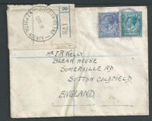 Pitcairn Island 1930 Registered cover to England franked G.B. 2.1/2d and 10d, a blank type registrat