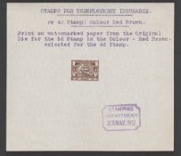 G.B. - Revenues 1912 5d Unemployment Insurance stamp die proof in red brown on gummed paper watermar